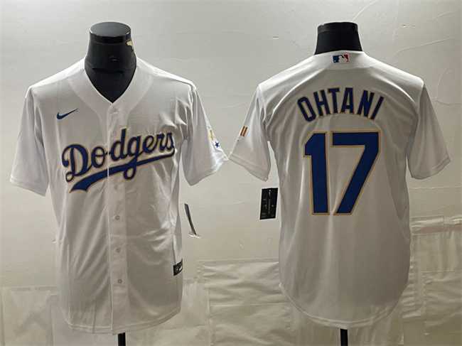Mens Los Angeles Dodgers #17 Shohei Ohtani White Gold Cool Base With Patch Stitched Baseball Jersey